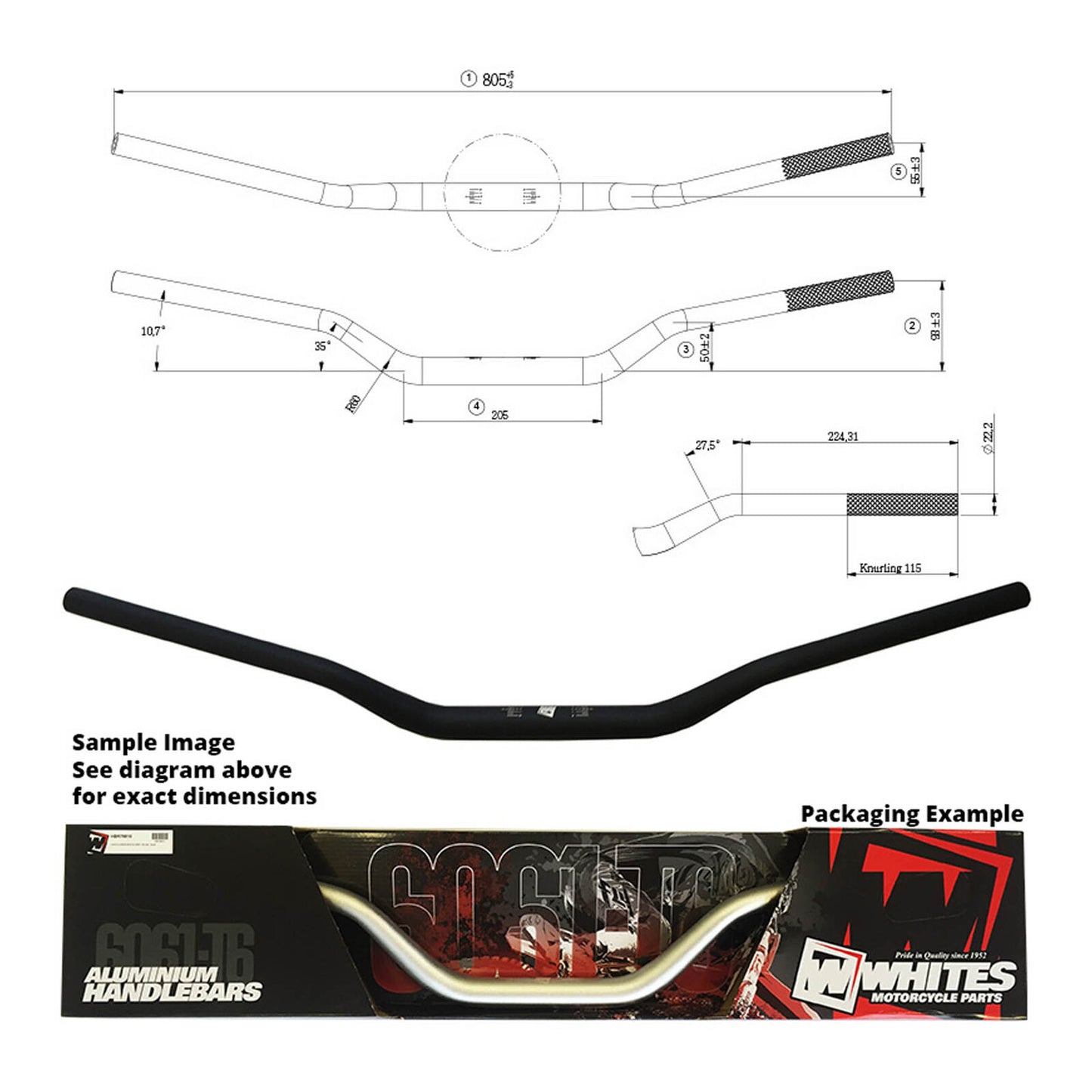 Whites Handlebar Taper AL6061 Black KX/KXF/RMZ 1 1/8" (28.6mm)
