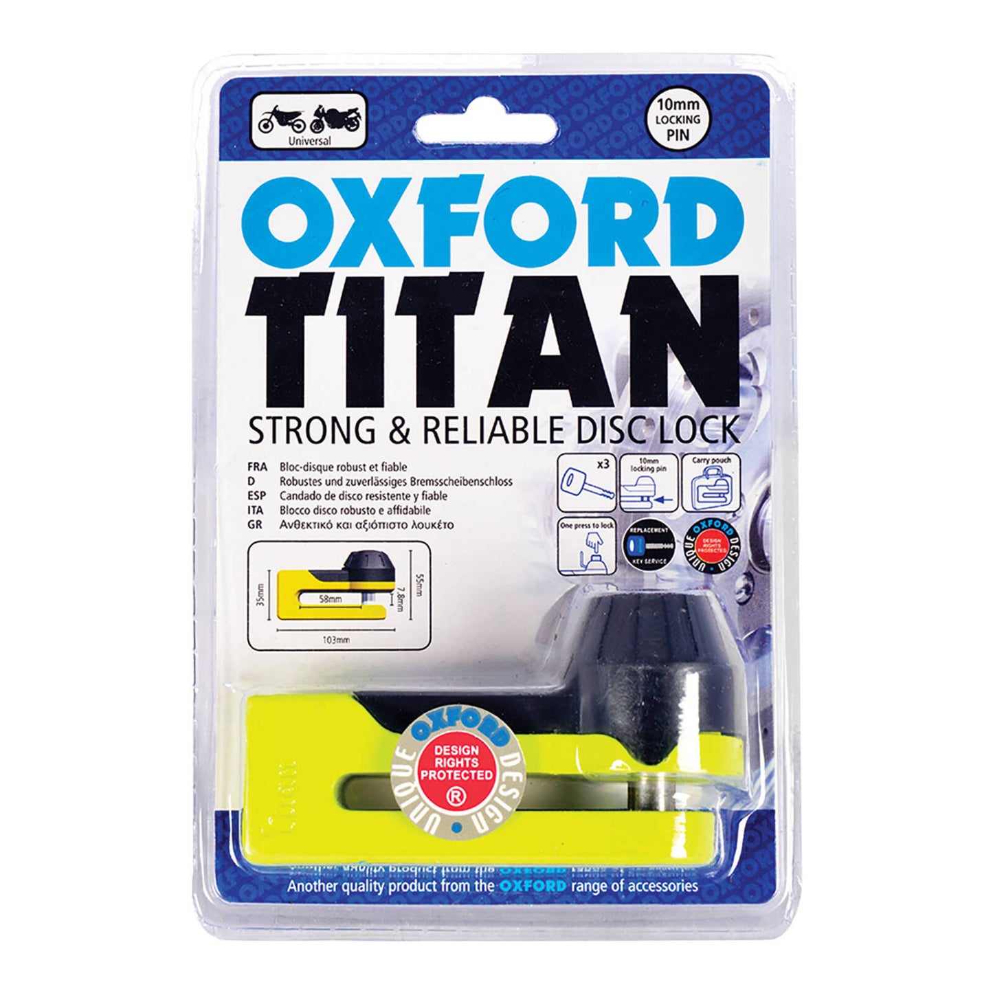 Oxford Titan 10mm Pin Disc Lock - Yellow includes pouch