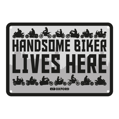 Oxford Garage Metal Sign: "Handsome Biker Lives Here"