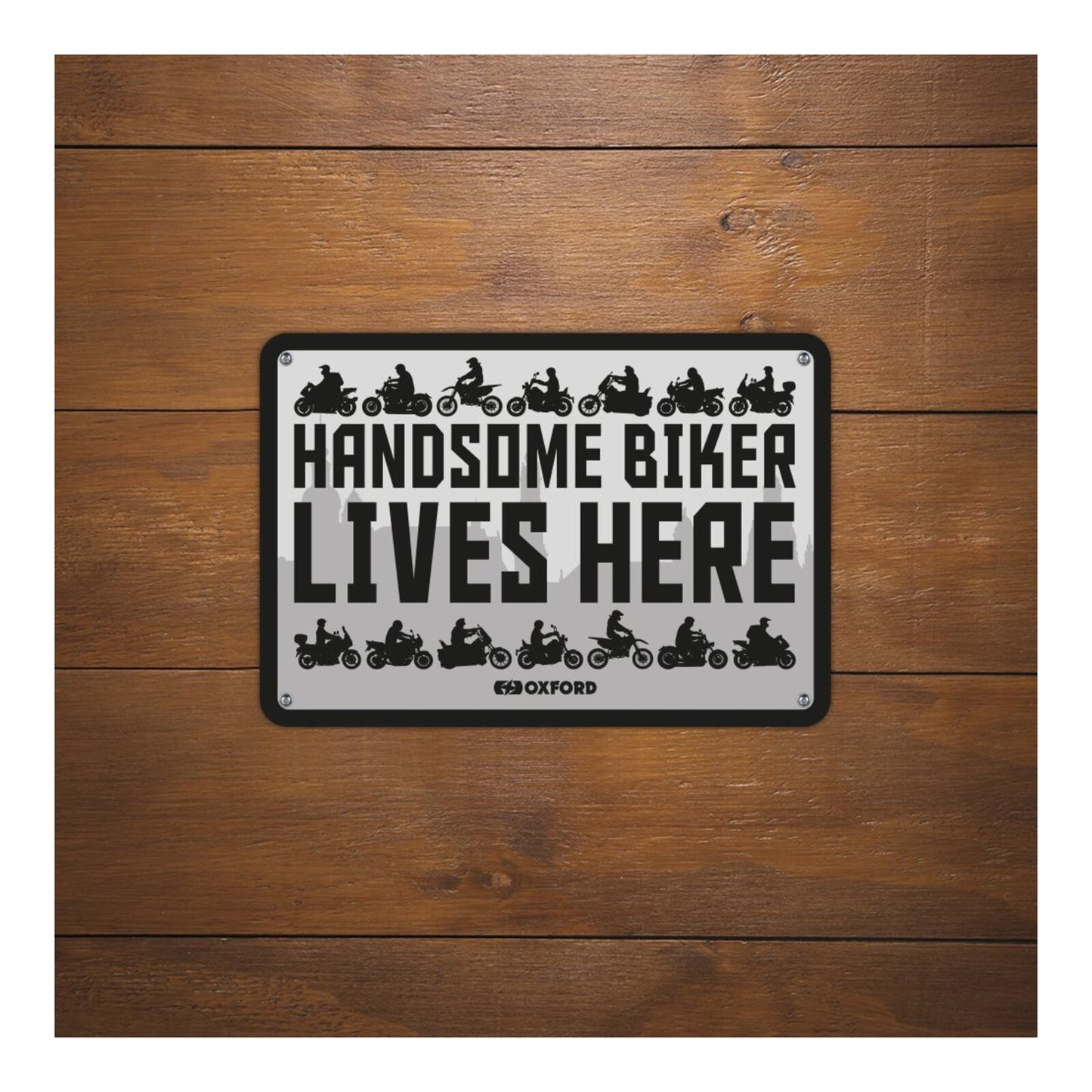 Oxford Garage Metal Sign: "Handsome Biker Lives Here"