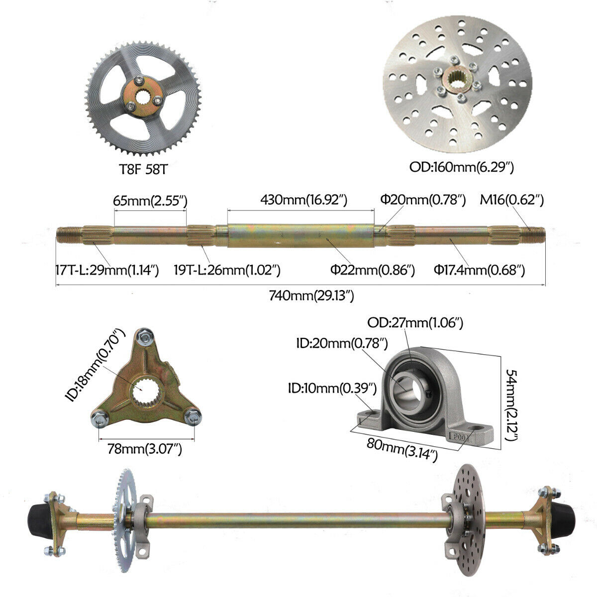 740mm 22mm Go Kart Rear Axle kit Hubs Brake disc Sprocket Drift Trike Buggy