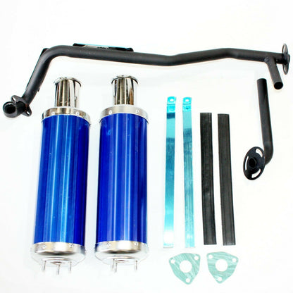 Twin Exhaust Pipe BLUE Alloy Mufflers 125cc Bull Style Farm Quad Dirt Bike ATV