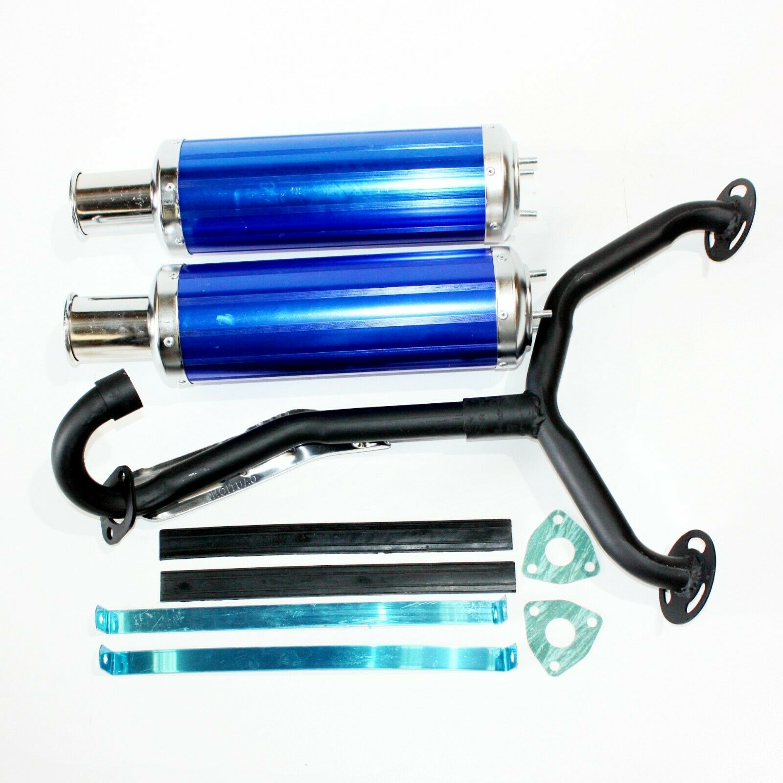 Twin Exhaust Pipe BLUE Alloy Mufflers 250cc Dinosaur Style Quad Dirt Bike ATV