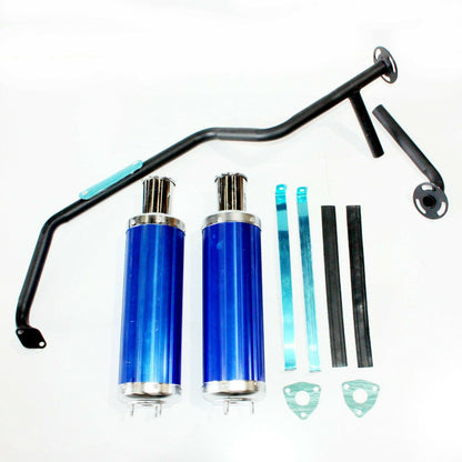 Twin Exhaust Pipe BLUE Alloy Mufflers GY6 150cc Bull Style Farm Quad Bike ATV