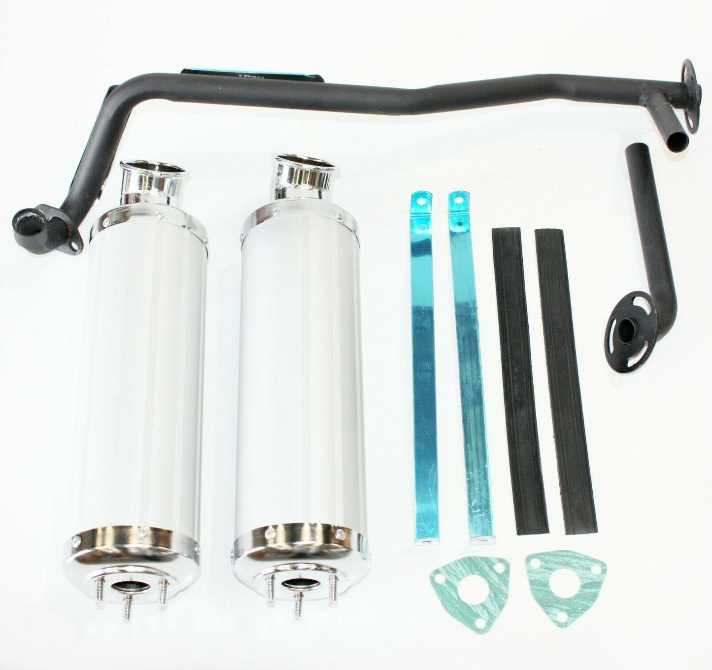 Twin Exhaust Pipe SILVER Alloy Mufflers 125cc Bull Style Farm Quad Dirt Bike ATV