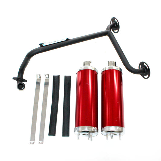 Twin Exhaust Pipe + RED Alloy Mufflers 110cc Dinosaur Style Quad Dirt Bike ATV